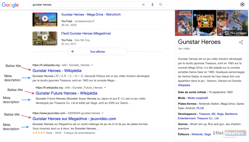 Image montrant des balises title et meta descriptions sur le moteur de recherche Google.
