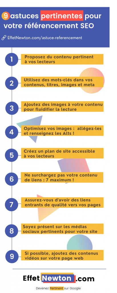 Infographie synthétisant les 9 astuces SEO