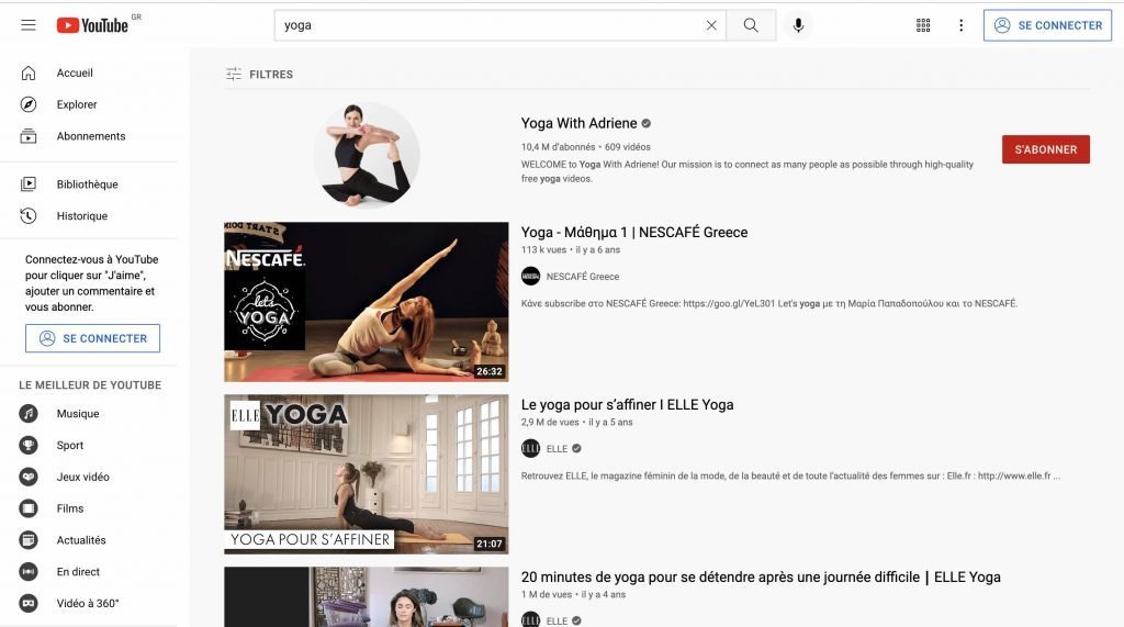 Serp de Youtube pour le mot-clé "yoga"